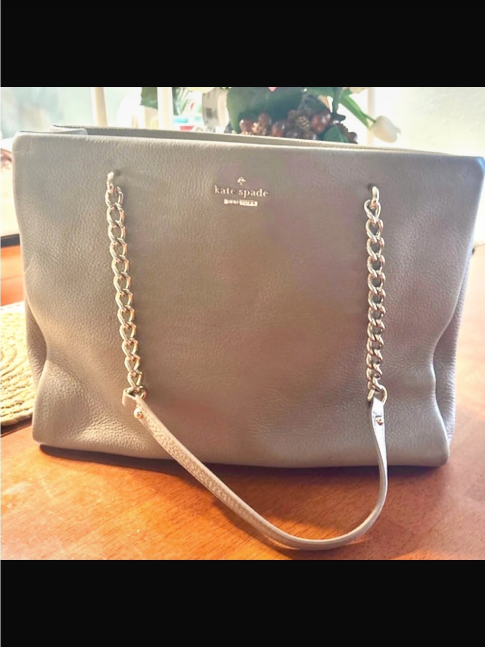 KateSpade Pebbled Leather Tote with Chain-Strap in Light Taupe